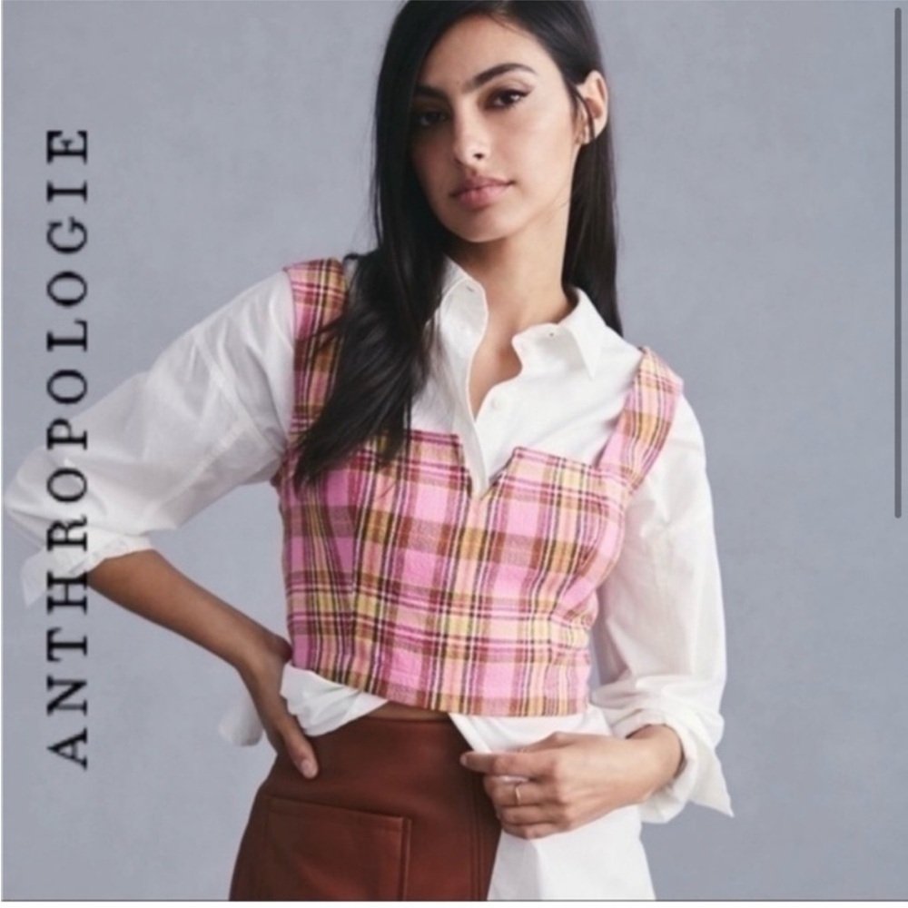 Maeve by Anthropologie Crop Top Plaid Layering Pink
